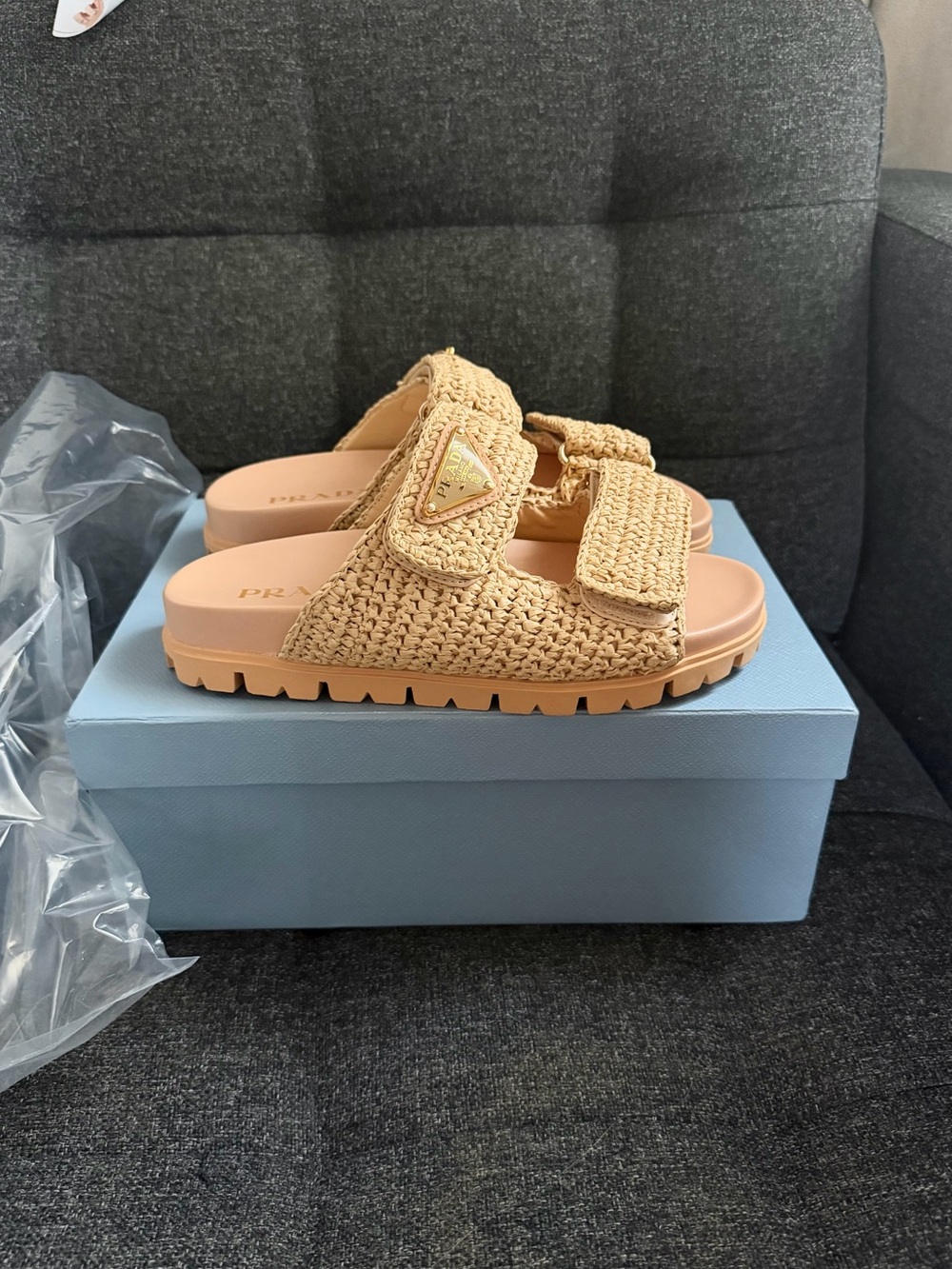 Prada Fussbett Raffia Double Band Slide Sandal Natural New 6 womens